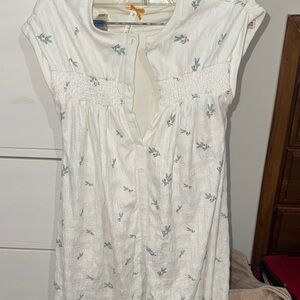 Chic White Dress with Blue Floral Embroidery